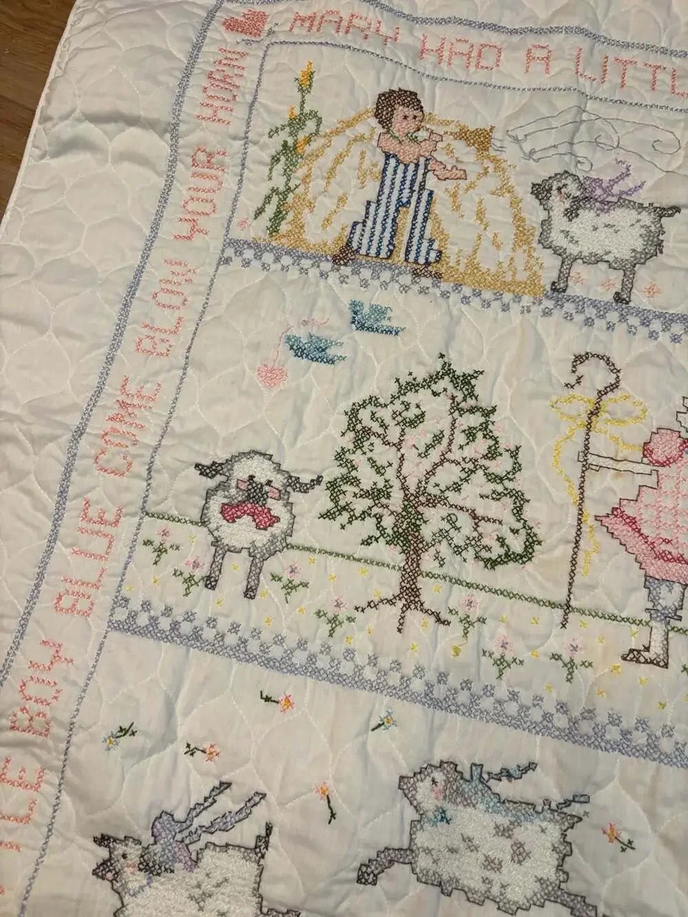 Vintage Hand-Stitched Nursery Rhyme Cross-Stitch Quilt